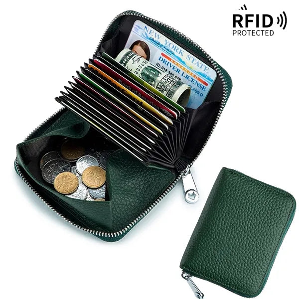 Sleek Top Grain Leather RFID Zip Around Card Wallet