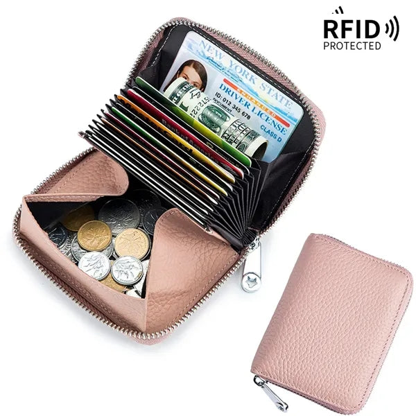 Sleek Top Grain Leather RFID Zip Around Card Wallet
