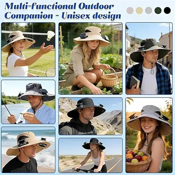 2in1 Wide Brim Sun Hat with Fans Solar Power for Camping
