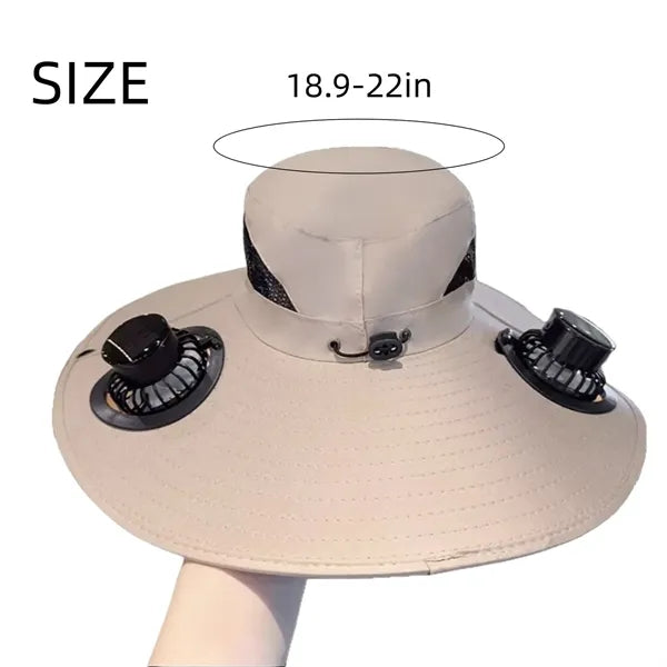 2in1 Wide Brim Sun Hat with Fans Solar Power for Camping