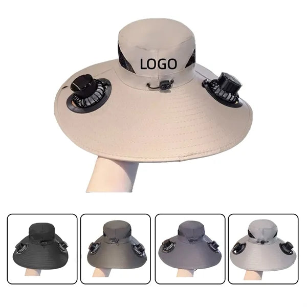 2in1 Wide Brim Sun Hat with Fans Solar Power for Camping