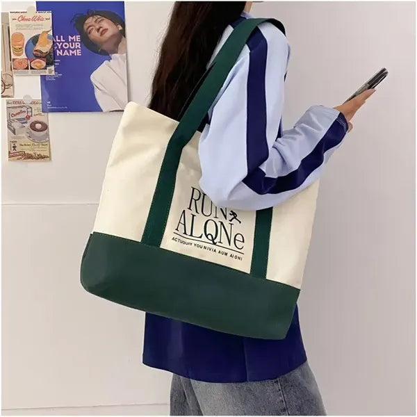 Cotton Canvas Boat Tote Bags Front Pocket, Color Contrasting