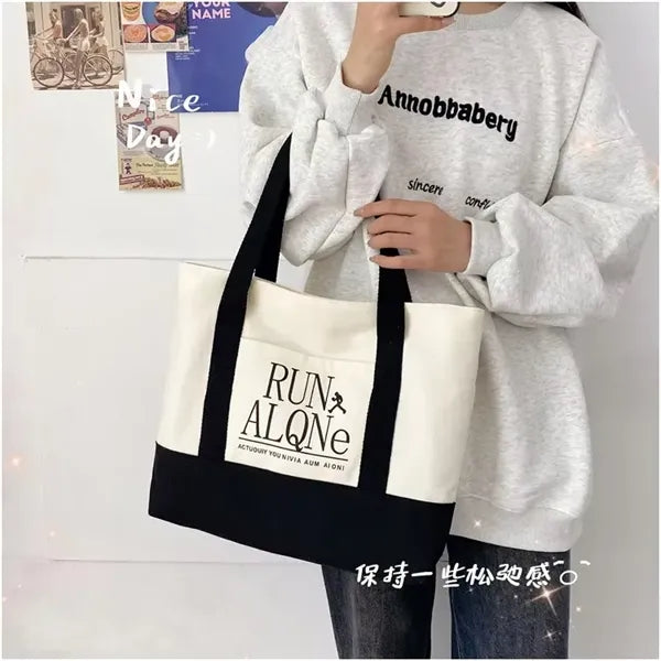 Cotton Canvas Boat Tote Bags Front Pocket, Color Contrasting
