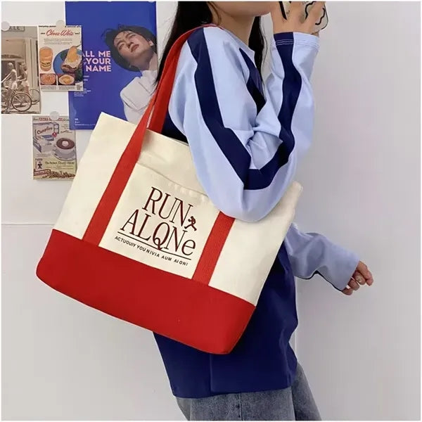 Cotton Canvas Boat Tote Bags Front Pocket, Color Contrasting