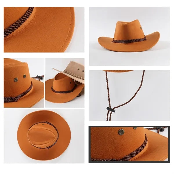 Retro Wide Brim Suede Cowboy Hat, Windproof & Sun Protection