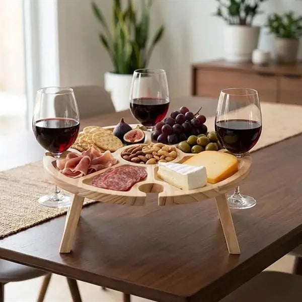 Wooden Wine Picnic Table Snack Tray With Glasses Holder