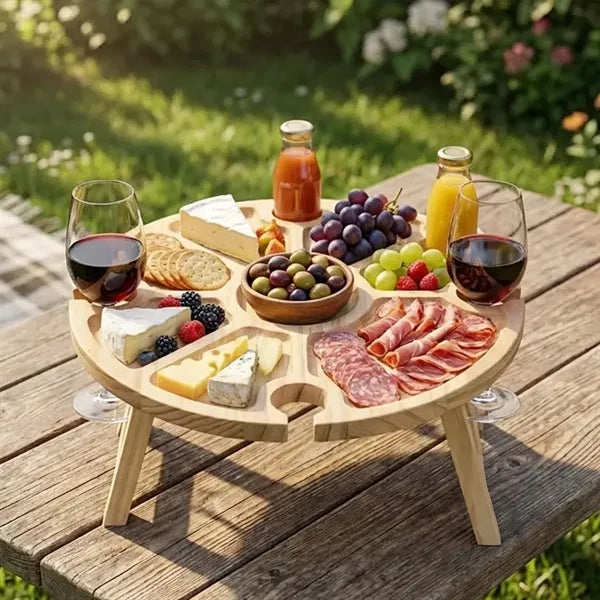 Wooden Wine Picnic Table Snack Tray With Glasses Holder