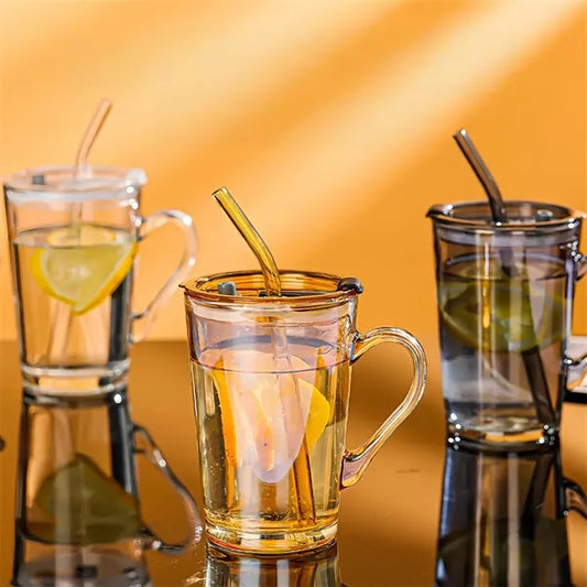 15oz Glass Mug with Lid Straw Handle for Iced Coffee Juice
