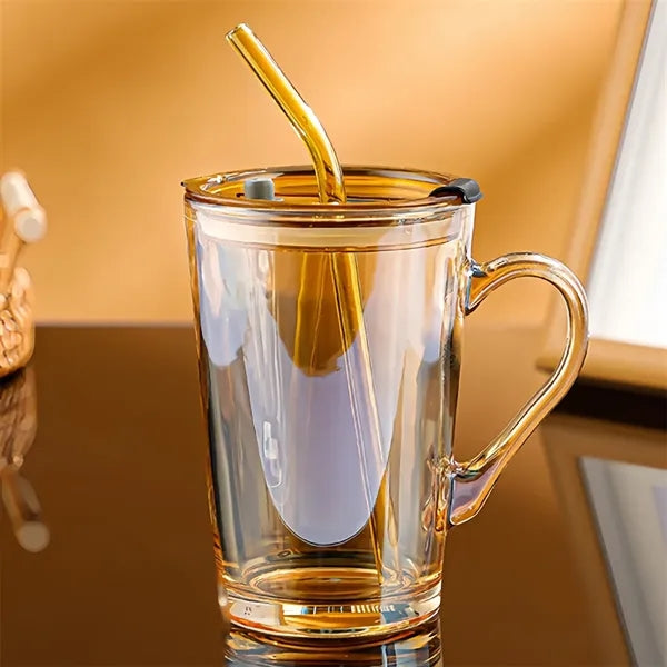 15oz Glass Mug with Lid Straw Handle for Iced Coffee Juice