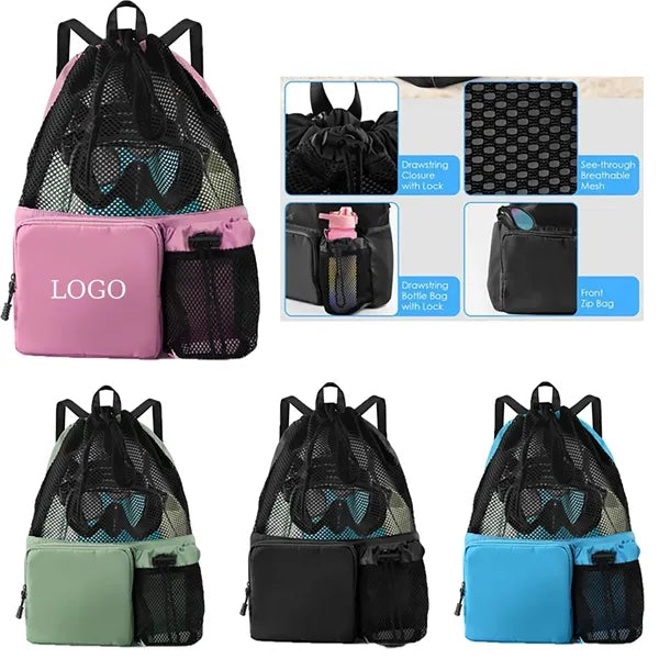Mesh Drawstring Swim Backpack with Pockets