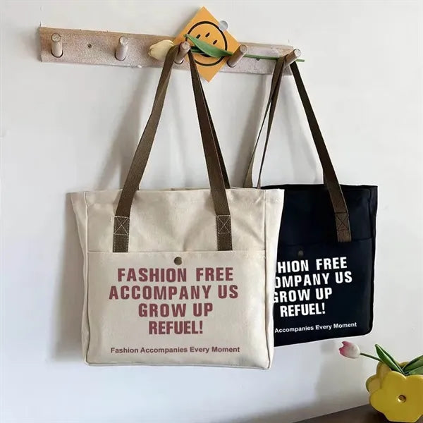 Canvas Tote Bag with Large Pocket and Zipper