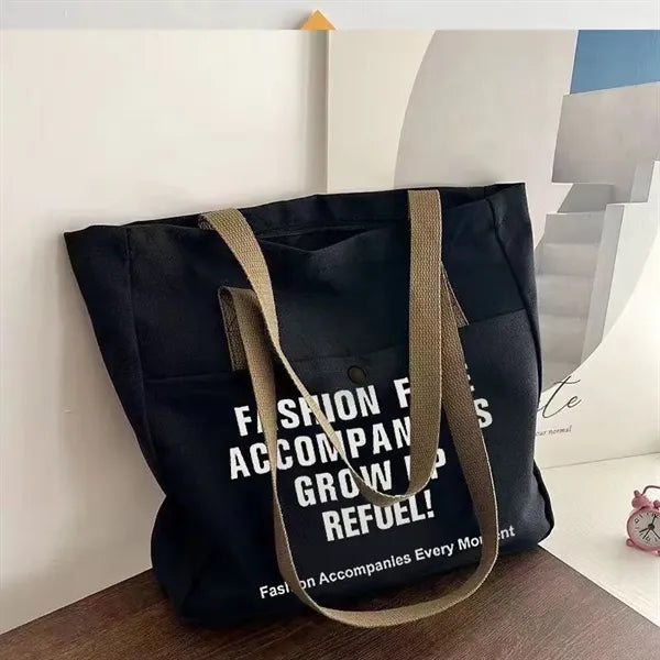 Canvas Tote Bag with Large Pocket and Zipper