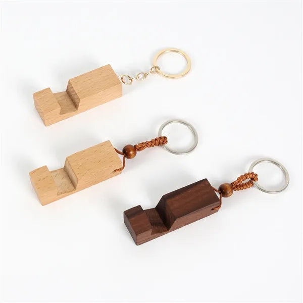 Solid Wood Keychain Phone Stand w/ Metal Ring or Cord Strap
