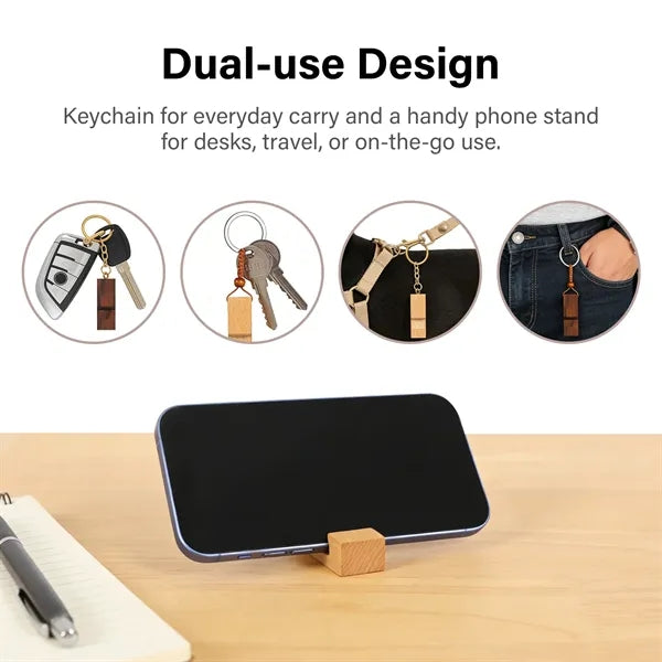 Solid Wood Keychain Phone Stand w/ Metal Ring or Cord Strap