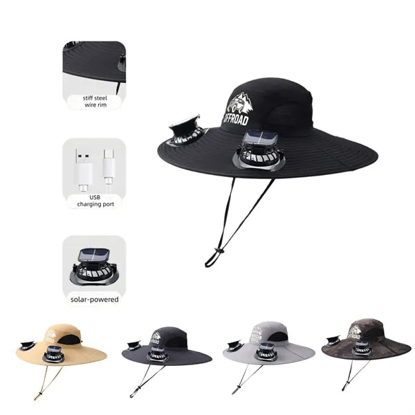 Solar Fan Sun Hat Wide Brim Cooling Cap Outdoor Custom Logo