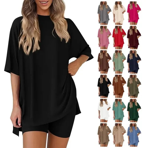 2 Piece Lounge Set Casual Oversized Shirts Biker Shorts
