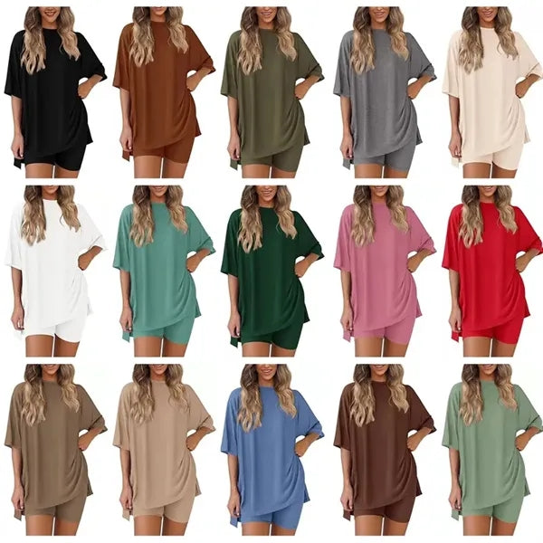 2 Piece Lounge Set Casual Oversized Shirts Biker Shorts