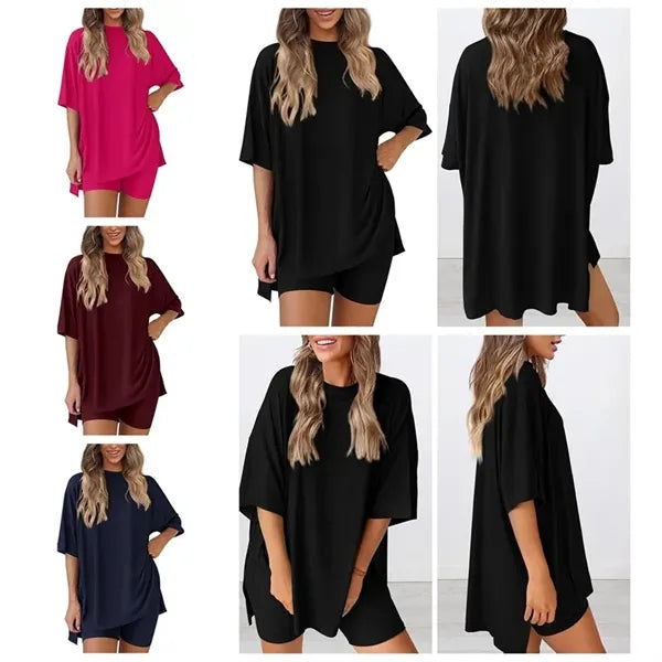 2 Piece Lounge Set Casual Oversized Shirts Biker Shorts