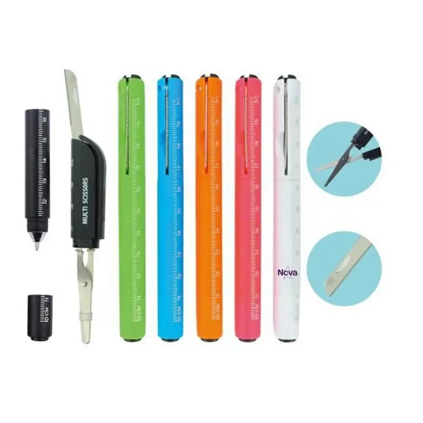 Portable 4 in 1 Ballpoint Pen With Ruler Scissors Art Knife