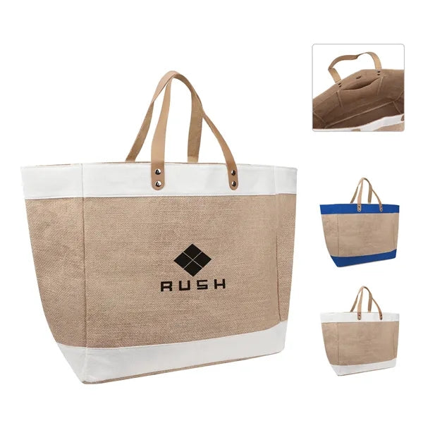 Large Jute Boat Tote Bag W/ Leather Handle