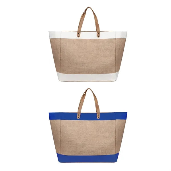 Large Jute Boat Tote Bag W/ Leather Handle