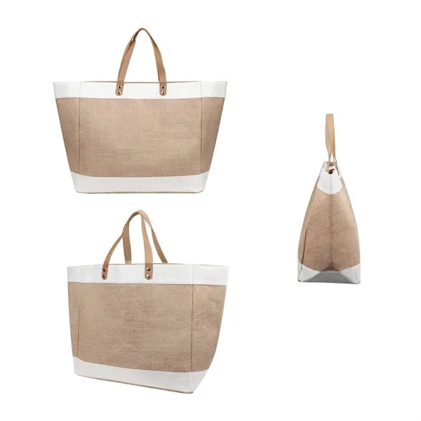 Large Jute Boat Tote Bag W/ Leather Handle