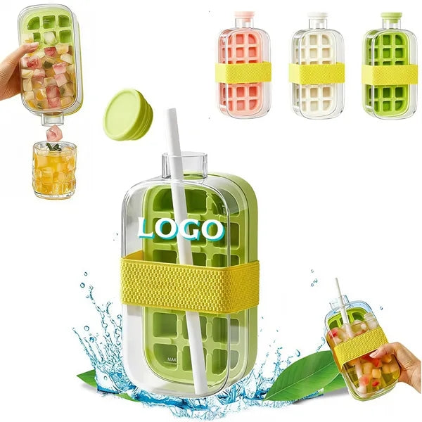 2 in 1 Ice Cube Water Bottle with Straw Easy Press Tray