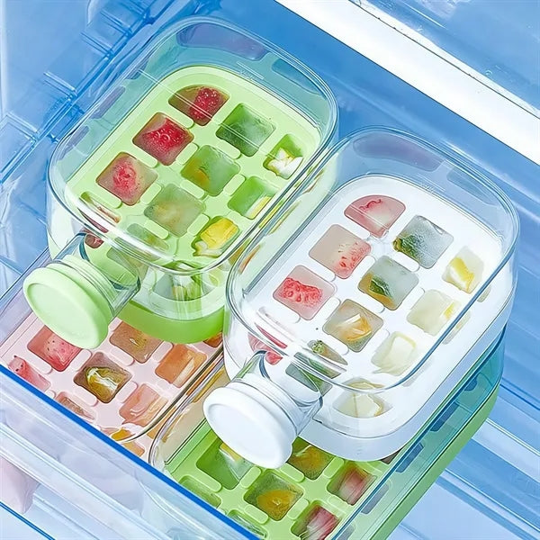 2 in 1 Ice Cube Water Bottle with Straw Easy Press Tray