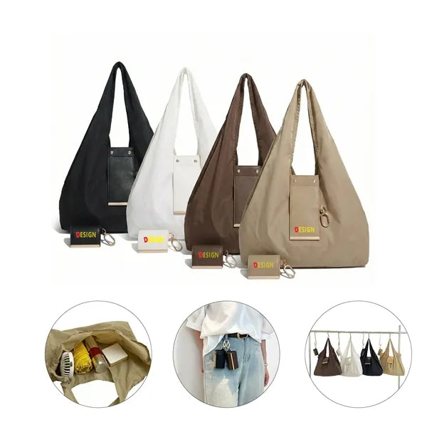 Foldable Nylon Shopping Bag With PU Leather Pouch