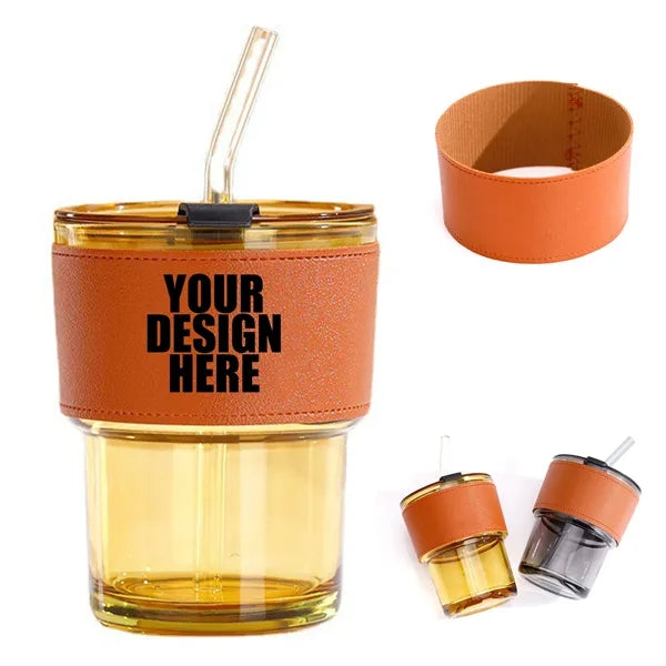 Transparent Glass Straw Coffee Bottle w/ Sleeve