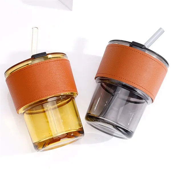 Transparent Glass Straw Coffee Bottle w/ Sleeve