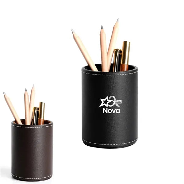 PU Leather Round Pen &Pencil Stationery Stand Desk Organizer
