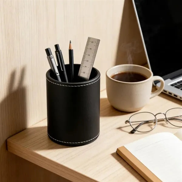 PU Leather Round Pen &Pencil Stationery Stand Desk Organizer