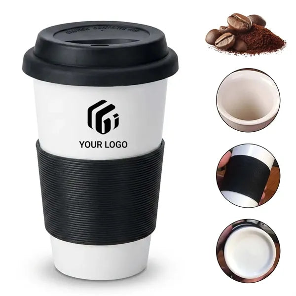 15 oz travel ceramic coffee cup with silicone lid & sleeve