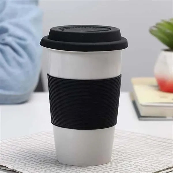 15 oz travel ceramic coffee cup with silicone lid & sleeve