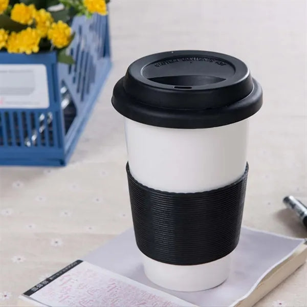 15 oz travel ceramic coffee cup with silicone lid & sleeve