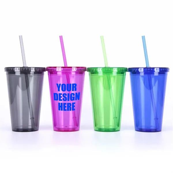 16oz Transparent Acrylic Tumbler With Straw