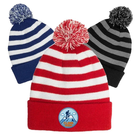 Two Tone Rib Knit PomPom Beanie