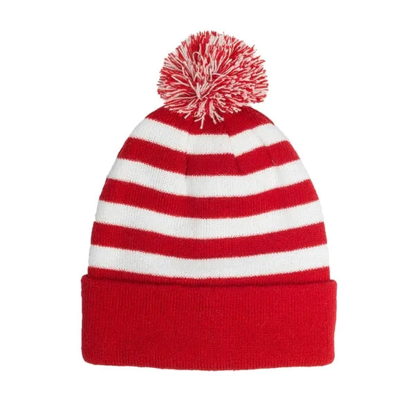 Two Tone Rib Knit PomPom Beanie