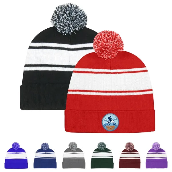 Two Tone Knit Pom Beanie With Cuff