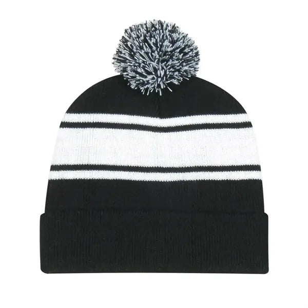 Two Tone Knit Pom Beanie With Cuff