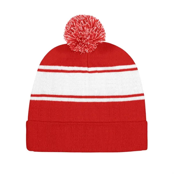 Two Tone Knit Pom Beanie With Cuff