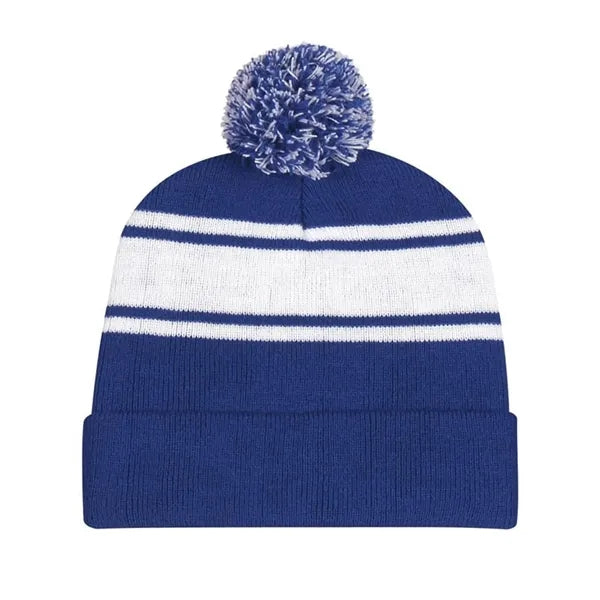 Two Tone Knit Pom Beanie With Cuff