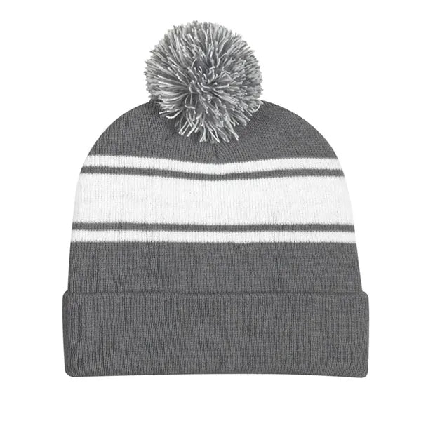 Two Tone Knit Pom Beanie With Cuff