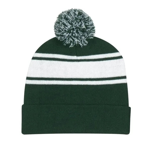 Two Tone Knit Pom Beanie With Cuff