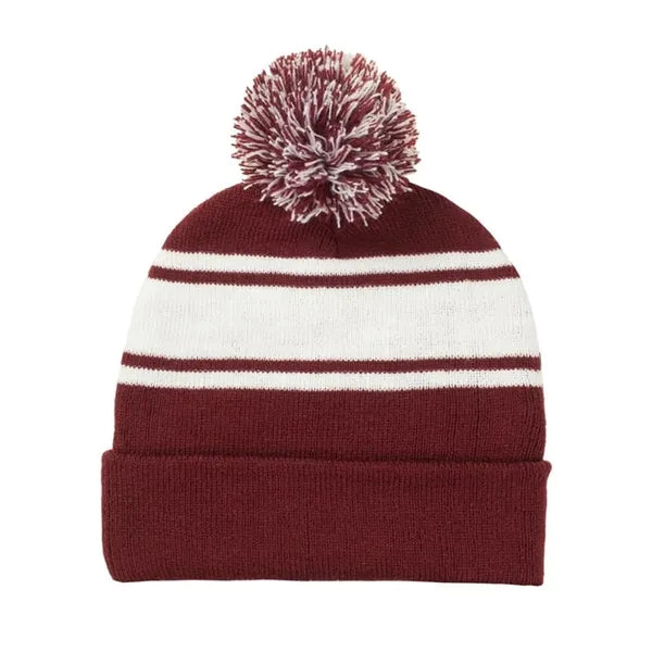 Two Tone Knit Pom Beanie With Cuff