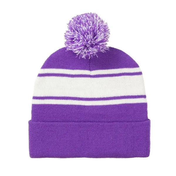 Two Tone Knit Pom Beanie With Cuff