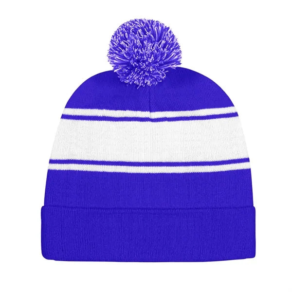 Two Tone Knit Pom Beanie With Cuff