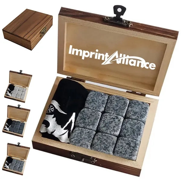 Premium 9-Piece Granite Whisky Stones Gift Set in Wooden Box