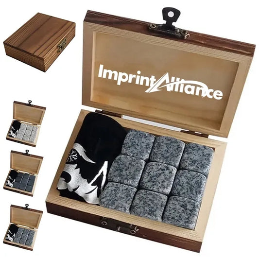 Premium 9-Piece Granite Whisky Stones Gift Set in Wooden Box